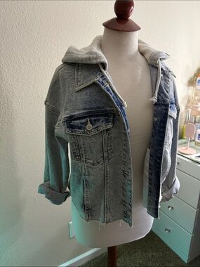 Hollister Grey Washed Denim Jacket with Light Grey Hood